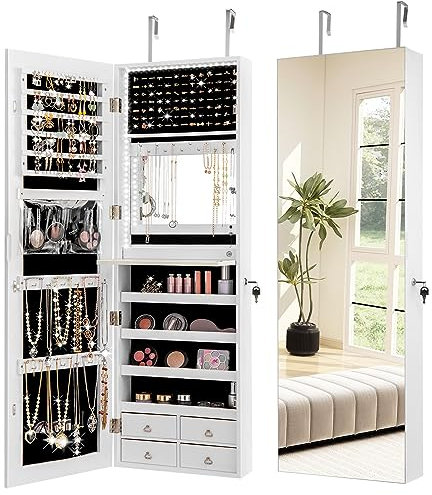 RELAX4LIFE LED Lights Jewellery Cabinet, 2 IN 1 Door Hanging/Wall Mounted Jewelry Organiser with Full Length Mirror, Lockable Dressing Cosmetics Organizer Unit for Bedroom Dressing Room (White)