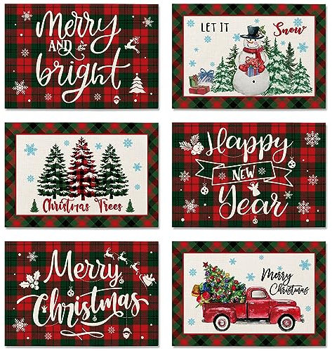 Ohok Weihnachten Tischsets Abwaschbar 6er Set, Polyester Leinen Platzdeckchen 30x45cm, Weihnachten Tischuntersetzer Platzsets für Küche Speisetisch Hotel Weihnachts Tischdeko (Weihnachtsbaum Plaid)