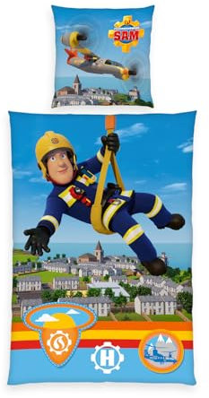 Herding Bettwäsche Feuerwehrmann Sam, Kopfkissenbezug 80 x 80 cm mit Wende-Motiv, Bettbezug 135 x 200 cm, Mit Reißverschluss, 100% Baumwolle/Renforcé