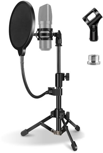 Mikrofonständer für Schreibtisch, Tisch-Mikrofonstativ, höhenverstellbar, kleiner Mikrofonständer für den Schreibtisch mit Pop-Filter, Stoßhalterung, Mikrofon-Clip, 0,6 cm auf 1,6 cm Adapter für Blue