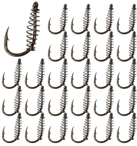 woojfcang 30 Pcs Twist Lock Fishing Hooks Carbon Steel Spring Fishing Hooks Barbed Swivel Fishing Hooks for Saltwater, Freshwater Eyed Sea Fish Hooks Carp Fishing Tackle Carp Circle Hooks,Accessories