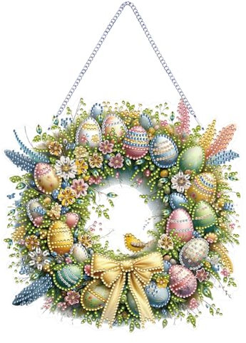 Starnearby DIY Diamond Painting Ostern Anhänger, 5D Diamant Painting Kranz Set mit Kette, Diamant Malerei Ostereier Türkranz, Einseitig Wandbehang Kits für Fenster Wand Und Eingang Decor