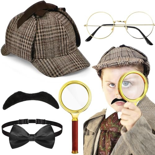 Victorian Detective Costume Set, Sherlock Holmes Fancy Dress Accessories with Deerstalker Hat Magnifier Glasses Bowtie Fake Beard for Adults Halloween Cosplay Dress Up Carnival Party Outfits