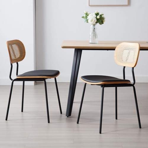 Wahson Sillas de Comedor de Madera Juego de 2 Sillas Cocina con Respaldo,Sillas de Rattán Patas Metálicas Sillas de Salón Cojín de PU para Hogar/Salón/Restaurante,Negro