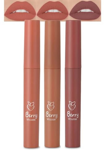 Lippenstift Set Matt, 3 Pcs Braun Liquid Lipgloss Set, Lippenstifte Langanhaltender & Wasserfester mit Kussechter, Lippen Makeup Non-Stick-Cup & Non-Transferred, Cremige Textur & Hochpigmentiert