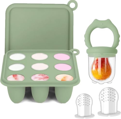 Fruchtsauger Baby | Fruchtsauger für Baby | Fruchtsauger Baby ab 6 monate | Baby Schnuller Fruchtsauger Aufbewahrungsbehälter für Babynahrung Muttermilch Eiswürfel (Cat Green)