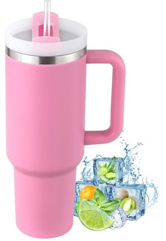 PRAOAHEI 40oz Thermobecher mit Strohhalm und Henkel, 1180 ML Doppelwandiger Edelstahl Heiße Kalte Getränke Vakuum Trinkbecher, Kaffeebecher für Zuhause Reisen Peony Rosa