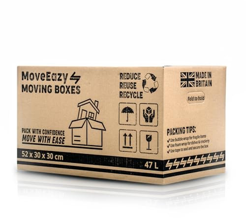 MoveEazy Cardboard Moving Boxes Pack of 10 Large Box Strong House Packing Storage Removal with Carry Handles 52cm x 30cm x 30cm (47 Litres)