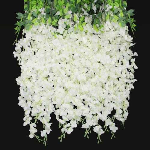 JINXIAN 12 Pezzi Fiori Artificiali 42.5 in Fiori Finti Bianchi Fiori di Glicine Artificiali Edera Finta per Balconi per Decorazioni Nozze Feste da Giardino
