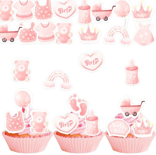 Gleevio Essbare Its a Girl Tortendeko Baby Girl,48 Stück Cupcake Deko Baby Essbare,Babyparty Tortendeko Essbar,Muffin Deko Babyparty Mädchen,Rosa Cupcake Topper Baby Girl,Kuchen Deko Taufe Mädchen