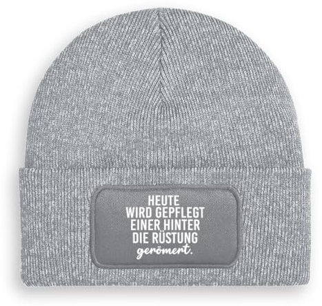Prozente Momente Hinter die Rüstung gerömert - Beanie | Strickmütze | Wollmütze | Beanie mit Druck | lustige Sprüche | Apres-Ski | Winter | Grau meliert