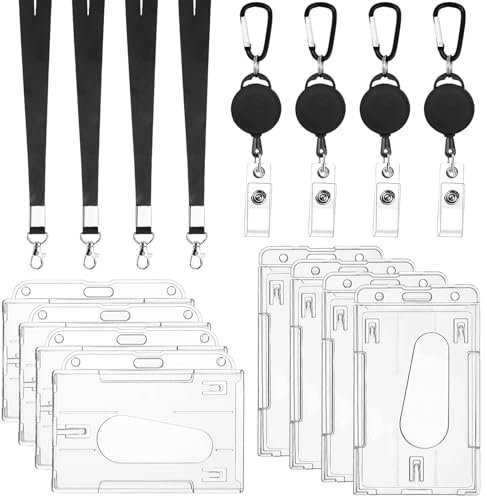 UZSUZZ Einziehbarer Ausweishalter und Lanyard mit Kartenhalter 8 Stück Kartenhülle mit Schlüsselband Set mit 8 Durchsichtigen Hartplastik Ausweishülle(4 Vertikaler und 4 Horizontal)