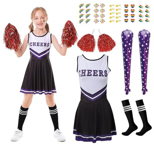 HEYIDAMAI Cheerleader Kostüm Kinder, Cheerleading Uniform Kleid, Kostüm Cheerleader Mädchen, Cheerleadering Outfit Mädchen, mit Pompons, Socken, Aufblasbare Cheer Sticks, Regenbogen Tattoos.
