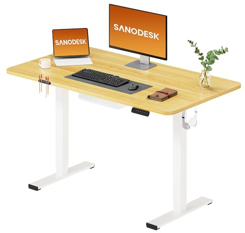 SANODESK Electric Standing Desk 120 * 60 One Piece Height Adjustable Desk With Memory Smart Panel Sit Stand Table With Hooks for Home Office, Maple