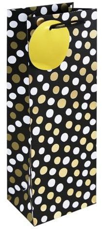 Sparkling Gold & White Dots Black Bottle Gift Bag – 35cm Paper Bag with Rope Handles & Gold Name Tag – Wine, Champagne, Celebration Bottle Gift Wrap