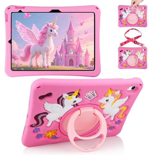 Vunake for iPad A16 Case 11th Generation 11 Inch 2025 for iPad 10th Generation Case 10.9 Inch 2022 for Kids Girls Cute Unicorn Soft Silicone Cover with 360°Rotating Stand & Shoulder Strap-Rose Pink