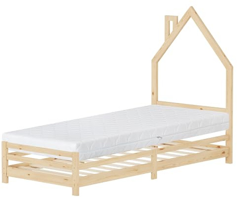 ML-Design Kinderbett Haus 90x200 cm Natur mit Matratze H:16cm, Hausbett für Kinder, Holzbett mit Lattenrost, Schornstein Design, Jugendbett aus massivem Kiefernholz, Bettgestell für Jungen und Mädchen