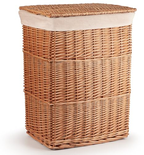 Woodluv Wicker Laundry Storage Basket with Lid, Handwoven Clothes Basket with Removable Liner, Large Washing Storage Bin for Bathroom, Bedroom, Laundry Room - Natural
