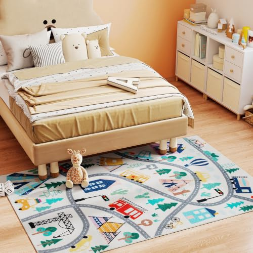 HOMCOM Teppich Anti-Rutsch Maschinenwaschbar Modern 160 x 120cm | Wohnzimmerteppich, Kurzflor, Autobahn-Muster, Fleece-Optik, Flächenteppich, Wohnzimmer Balkon Küche, Mehrfarbig