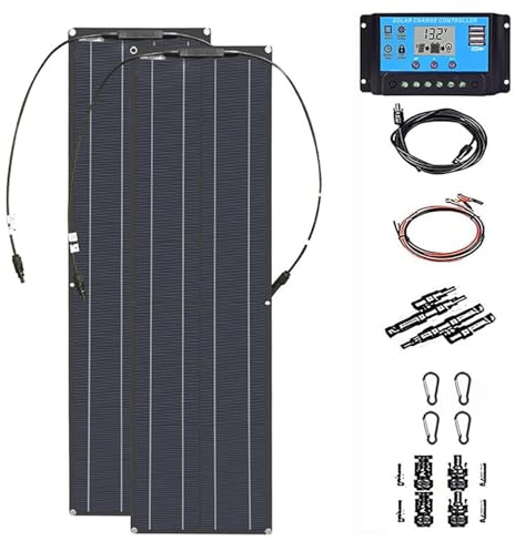 BLUEZY Kit Panneau Solaire (50W X 2 Pièces) 12V Panneau Solaire Souple,Chargeur De Batterie Solaire avec Contrôleur, Conversion Élevée pour Camping-Cars, Caravanes, Bateaux, Toits 60A