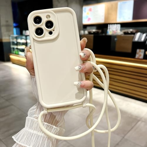 Yichxu Handyband für iPhone 16 Pro Hülle mit Band, Kameraschutz Necklace Handyhülle zum Umhängen Kordel, Stoßfest Schutzhülle mit Kette, Weich TPU Liquid Silikon Case für iPhone 16 Pro, Beige