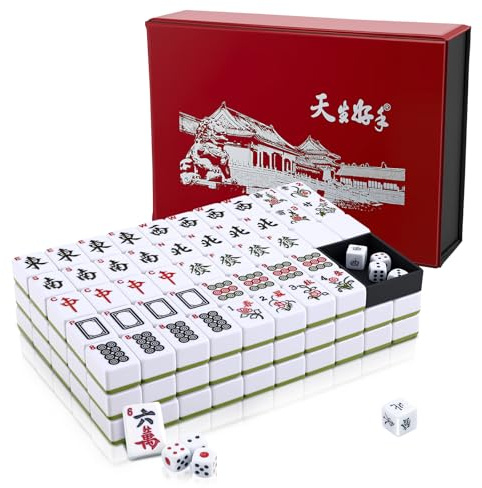 Neulriscn Mahjong Set, Chinese Mahjong Set with 144 Tiles, 2 Dices, Portable Medium Mah Jong Tile Full Size with Carrying Case, Traditional Mah-Jong Game for Travel Family Gathering (30x22.5x17mm)