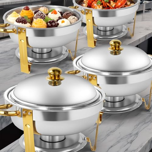 PRIJESSE Chafing Dish Buffet Set Full Size, 5QT 4 Pack Golden Round