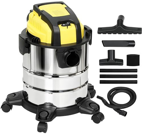HOMCOM 3-in-1 Nass-Trockensauger 1200 W 20L Edelstahlbehälter Silber+Gelb | Staubsauger, Ø32mm Schlauchsystem, Blasfunktion, Dreifaches Filtersystem, Rollen, Bodenstaubsauger, Für Wasser Im Bad