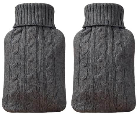 GYIOFAI 2 Pièces Housse Grise Tricotée Isolante pour Bouillotte d'Eau Chaude, Housse pour Bouillotte de 2 Litres, Couverture Seulement (Gris)