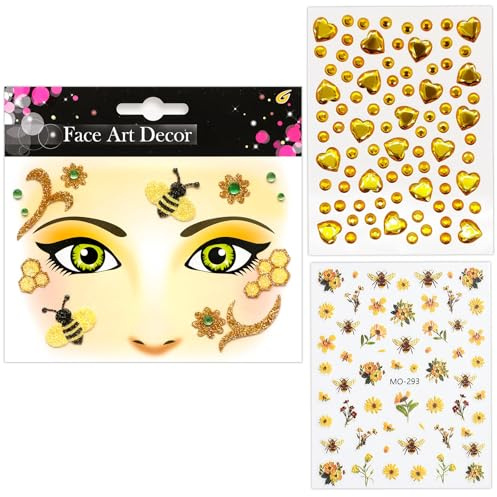 Biene Gesichtstattoo Karneval, 3 Stück Bienen Tattoo Gesicht Set mit Strasssteinen & Nagelstickern, Glitzer Gesicht Aufkleber für Bienen Kostüm Karneval Fasching Cosplay