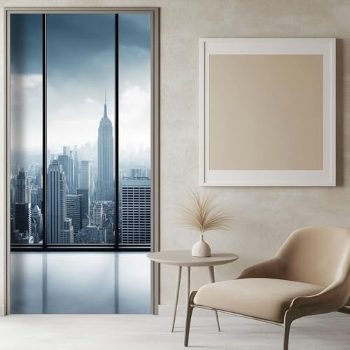 Türtapete Selbstklebend Türposter Skyline Von New York Gebäude, 3D Grau Türaufkleber Wasserfest Türfolie Selbstklebend Fototapete 100x200 cm, für Schlafzimmer Gang Tür Deko