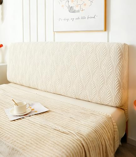 Hearda Bett Kopfteil Bezug 180 cm, Beige Elastischer Kopfteilbezug mit Jacquard-Design, Samt Staubdichte Dehnbare Betthusse Kopfteil, Headboard Cover Waschbar