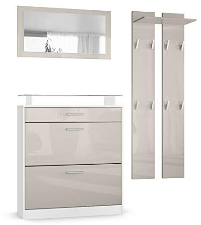 Vladon Garderobe Loret mini, Garderobenset bestehend aus 1 Schuhschrank, 1 Wandspiegel und 2 Garderobenpaneele, Weiß matt/Sandgrau Hochglanz