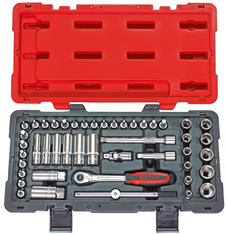 KS TOOLS 922.0646 - Coffret de douilles et accessoires en pouces 3/8 - Gamme Ultimate - Finition chromée satinée - 46 pièces Rouge/Noir