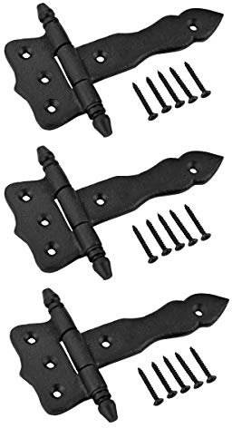 Renovators Supply Manufacturing Black Wrought Iron Shed Door Hinge 5 in Antique Style Decorative Flush Mount Cast Iron Barn Door Shed Hinge with Hardware Pack of 3
