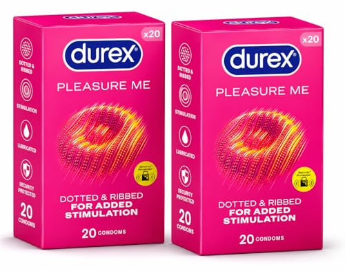 Durex Pleasure Me, 40 Condoms (20s x 2), Ribbed & Dotted, Regular Fit | Pre Lubricated with Silicone Lube, Ribbed & Dotted for Extra Stimulation, Easy On, Teat Ended, Regular Fit Condoms