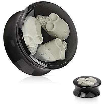 Treuheld® | 14mm Totenkopf Ohr Plug/Flesh Tunnel | Schwarz-Weiß/Transparent | Double Flared | Ohne Gewinde | Spezial 3D Skull Schädel Motiv