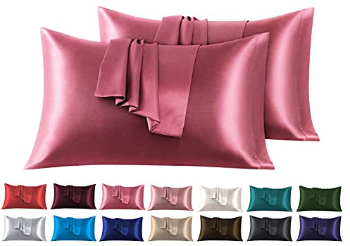 Lot de 2 Taies Oreiller en Satin 50 x 75 cm, Oreiller Satin Rose foncé, Satinées Housse d'oreiller Doux Prend Soin de Votre Peau et Antichute de Cheveux
