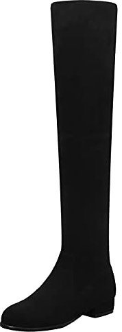 MJIASIAWA Mujer Invierno Sobre La Rodilla Moda Tacón Bajo Botas Stretch Sin Cordones Punta Redonda Comfy Warm Botas Altas De Muslo Negro Talla 44 EU/46 Asiática