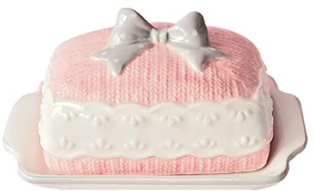 MEETOZ Beurrier en céramique avec nœud papillon et couvercle antidérapant et poignée, pour comptoir ou réfrigérateur, bac à beurre couvert pour le stockage du beurre, rose
