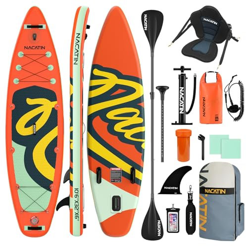 NACATIN Aufblasbares SUP Board, Stand Up Paddle Board 10.6 mit komplettem Zubehör & Verstellbarer Paddel-Reiserucksack, Pumpe, 10 L Wasserdichter Rucksack, Leine