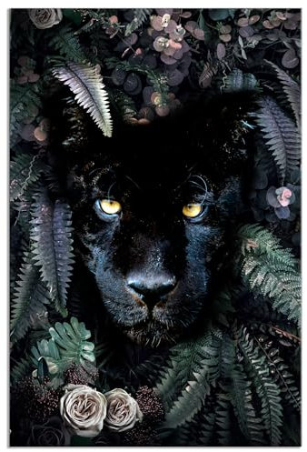 decomonkey - Impression sur Toile Panthere Abstrait 80x120 1 Pièce - Tableau Décoration Appartement Déco Salon Peinture sur Toile Chats plantes feuilles panthère fleurs jungle noir animaux