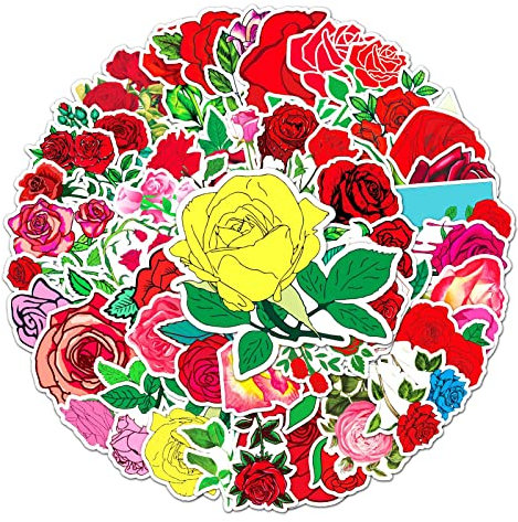 50 Pcs Rose Flower Stickers Laptop Car Scrapbook Phone Skateboard Bike Travel Case Cute Fashion Stickers Vinyl Waterproof Aesthetic Personalised Stickers for Teens Boys Girls Adults