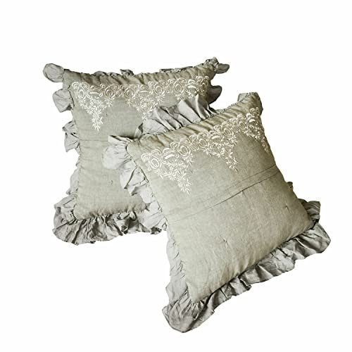 Loberon Kissenhülle 2er Set Therese, aufwendig Bestickt, opulenter Rüschensaum, Kissenbezüge, Wohntextilien, Dekoration, Leinen, Baumwolle, grün