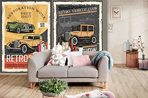 Vlies Fototapete VINTAGE AUTO PLAKATE 375 x 250 cm (inkl. Kleister) - Vlies Tapete, Wandtapete, Wandbilder - Tapete für Wohnzimmer Schlafzimmer, Büro, Küche - Montagefertig