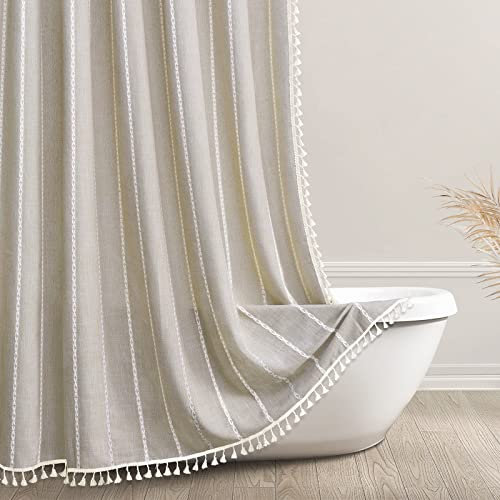 Awellife Boho Farmhouse Duschvorhang, beige, dicker Baumwoll-Leinen-Stoff, luxuriös, französisches Landhaus, Badezimmer, Duschvorhänge, Set, modern, Bohemian-Chic, 137 x 190 cm