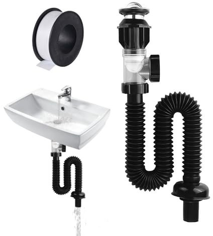 Gobesty Siphon Waschbecken Kit, Waschbecken Ablaufgarnitur mit 15M Wasserfestes Klebeband, Raumsparsiphon Küchenspüle Badezimmer Abfluss Kit für Abflusseinlässe mit Einem Durchmess er von 30-32mm