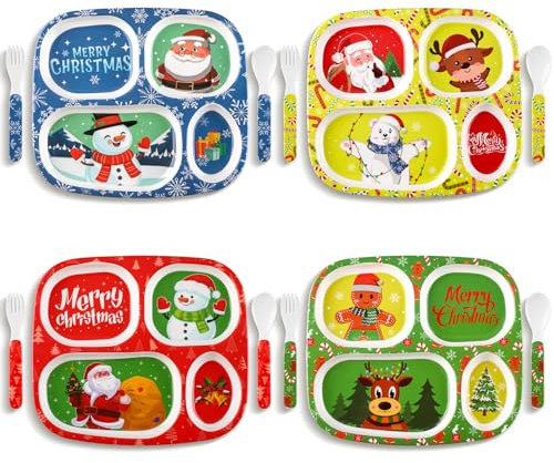 Hoolerry 4 Set Weihnachtsgeschirr geteilte Teller Weihnachten Melamin-Teller Urlaub Weihnachtsteller mit Gabel und Löffel Weihnachtsgeschirr für das obere Fach spülmaschinenfest, 4 Farben (niedlich)