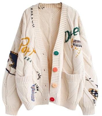 Women's Cute Cable Knit Open Front Cardigan Kawaii Long Sleeve Button Embroidered Sweater Coat Outwear Beige