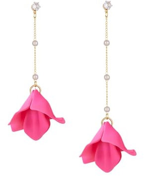 TOFBS Earrings for Women Rose Flower Pendant Pearls Tassel Long Earrings S925 Sterling Silver Hypoallergenic Cubic Zirconia Dangly Drop Boho Statement Petal Earrings Pink